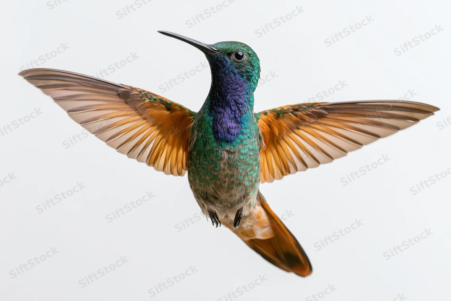 Hummingbird hovering midair with wings spread against white background