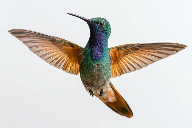 Hummingbird hovering midair with wings spread against white background