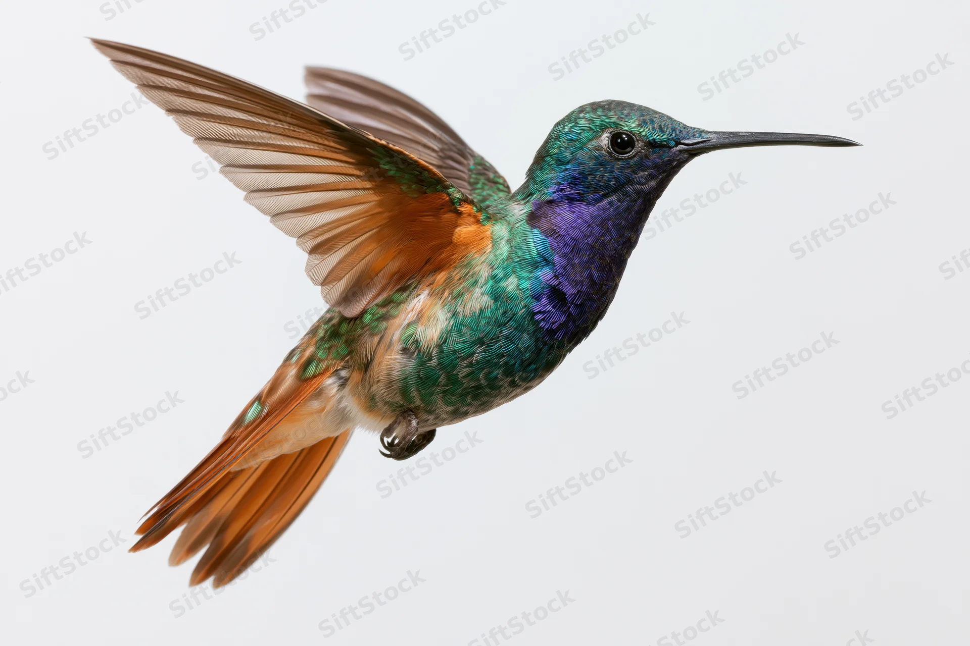 Hummingbird hovering with wings spread against white background