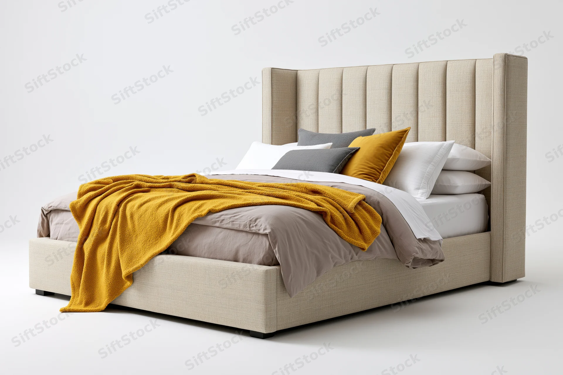 King-size upholstered bed with tall channeled headboard and layered bedding on white background