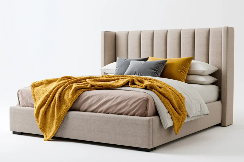 King-size upholstered bed with tall channeled headboard and mustard blanket on white background