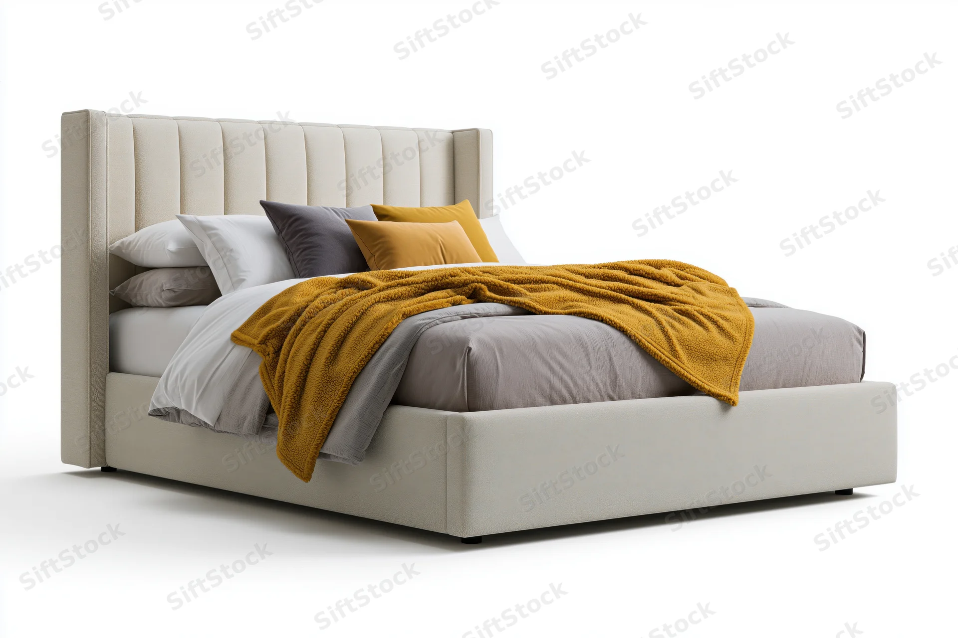 King-size upholstered bed with tall channeled headboard and layered bedding in neutral tones, isolated on white background