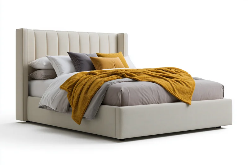 King-size upholstered bed with tall channeled headboard and layered bedding in neutral tones, isolated on white background