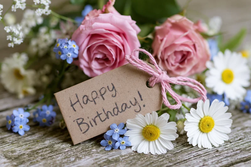 Pink roses and white daisies with a kraft paper tag reading happy birthday tied with pink string on a wooden table