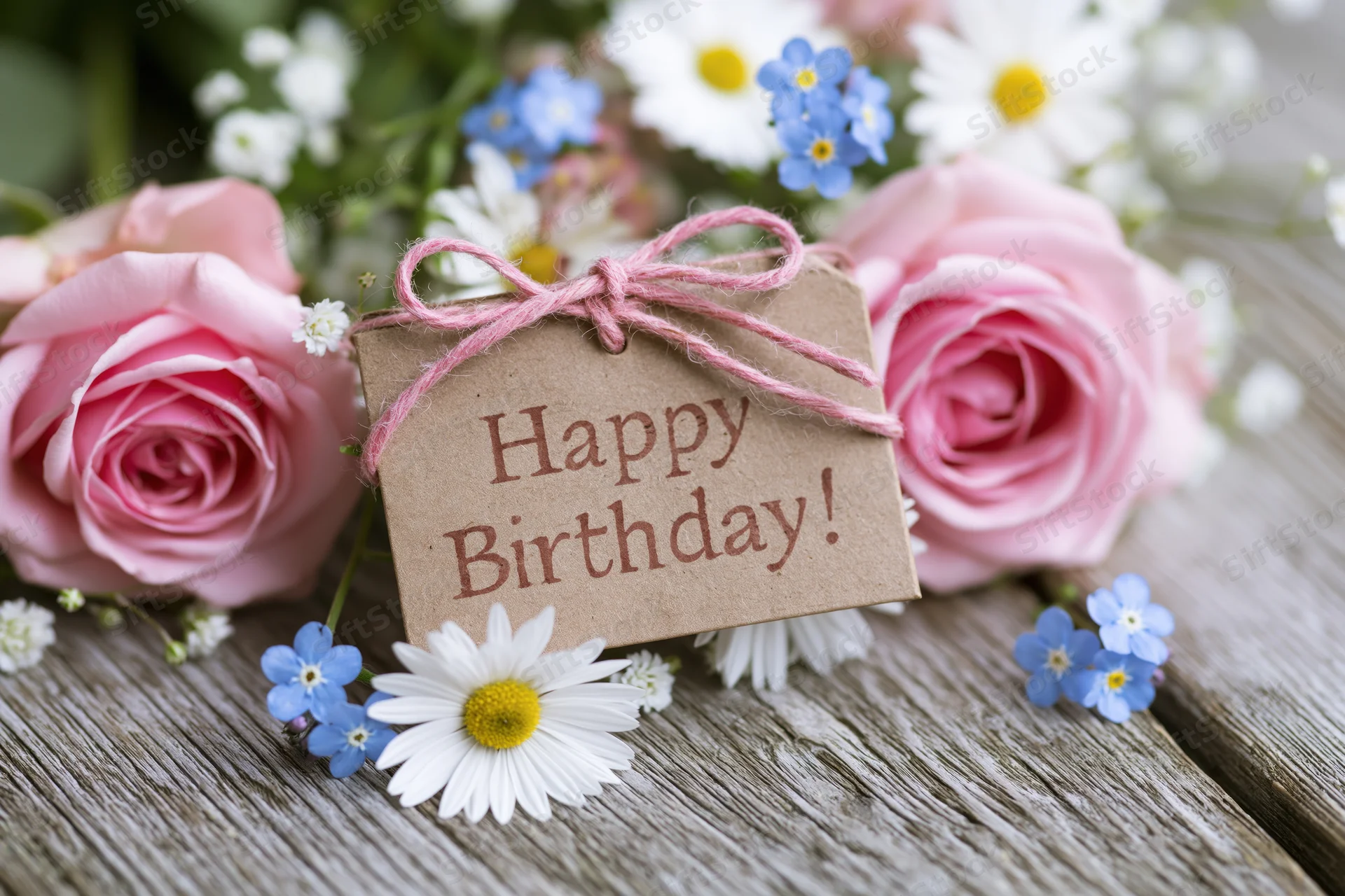 Pink roses and daisies arranged with a kraft paper gift tag reading happy birthday on a wooden surface