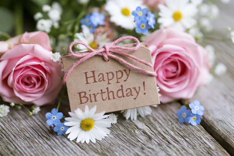 Pink roses and daisies arranged with a kraft paper gift tag reading happy birthday on a wooden surface
