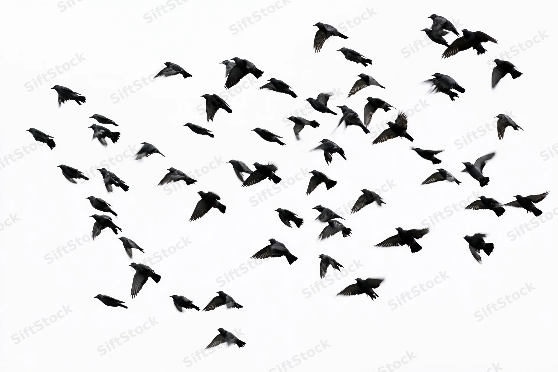 Silhouetted birds in mid-flight against a white sky