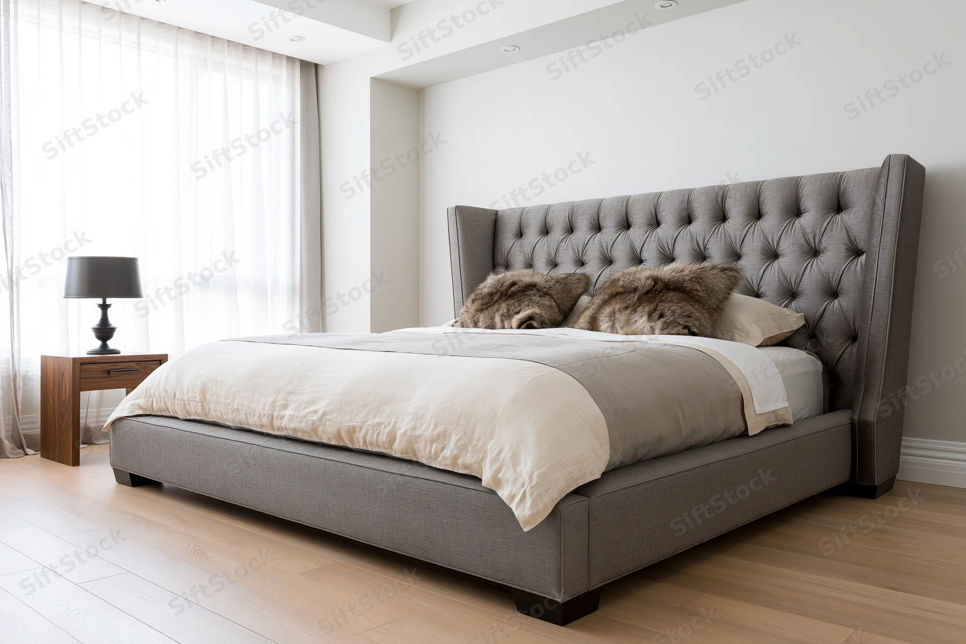 Large upholstered platform bed with tall tufted headboard in modern bedroom