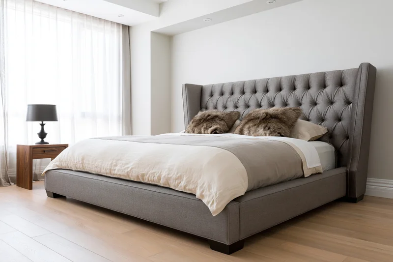 Large upholstered platform bed with tall tufted headboard in modern bedroom