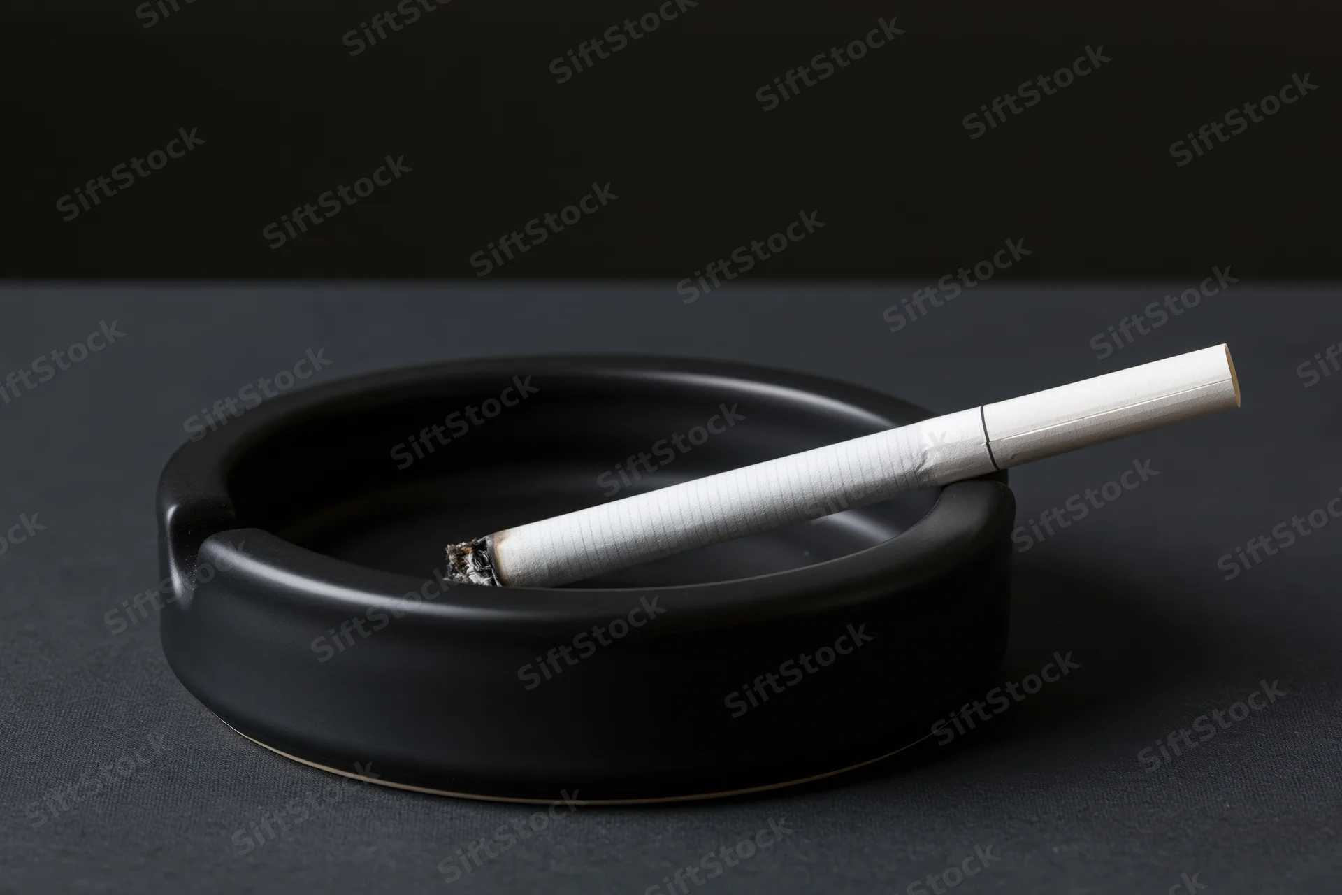 Lit cigarette resting in notch of black round ashtray on dark surface