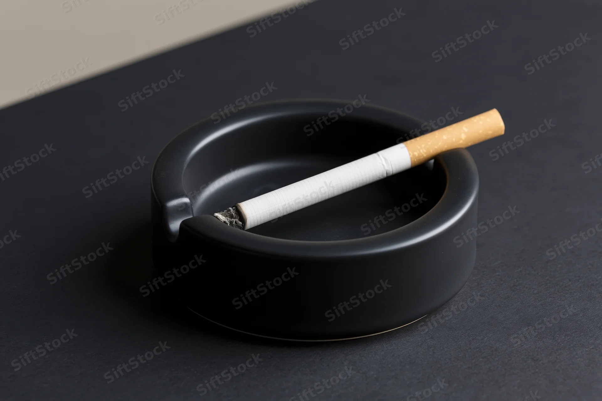 Lit cigarette resting in notch of black round ashtray on dark surface