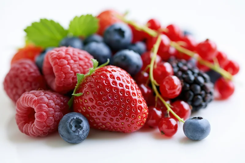 A pile of fresh mixed berries including strawberry, raspberry, blueberry, blackberry and redcurrant on a white surface