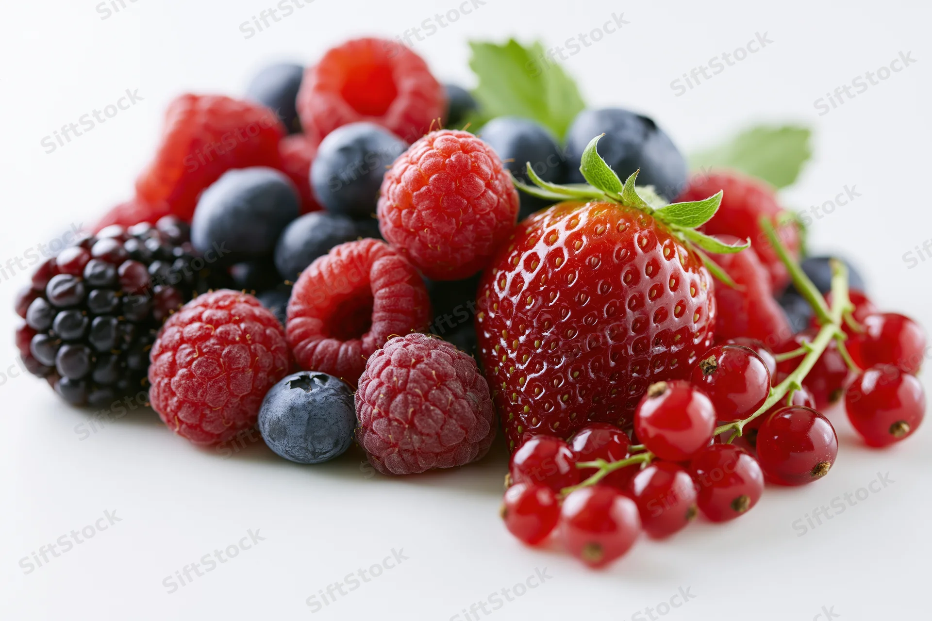 A pile of fresh mixed berries including strawberry raspberry blueberry blackberry and redcurrant on a white background