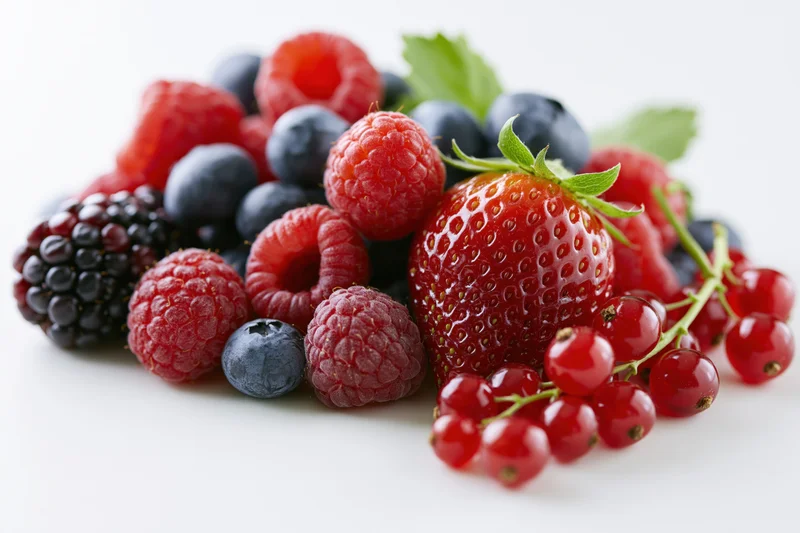 A pile of fresh mixed berries including strawberry raspberry blueberry blackberry and redcurrant on a white background