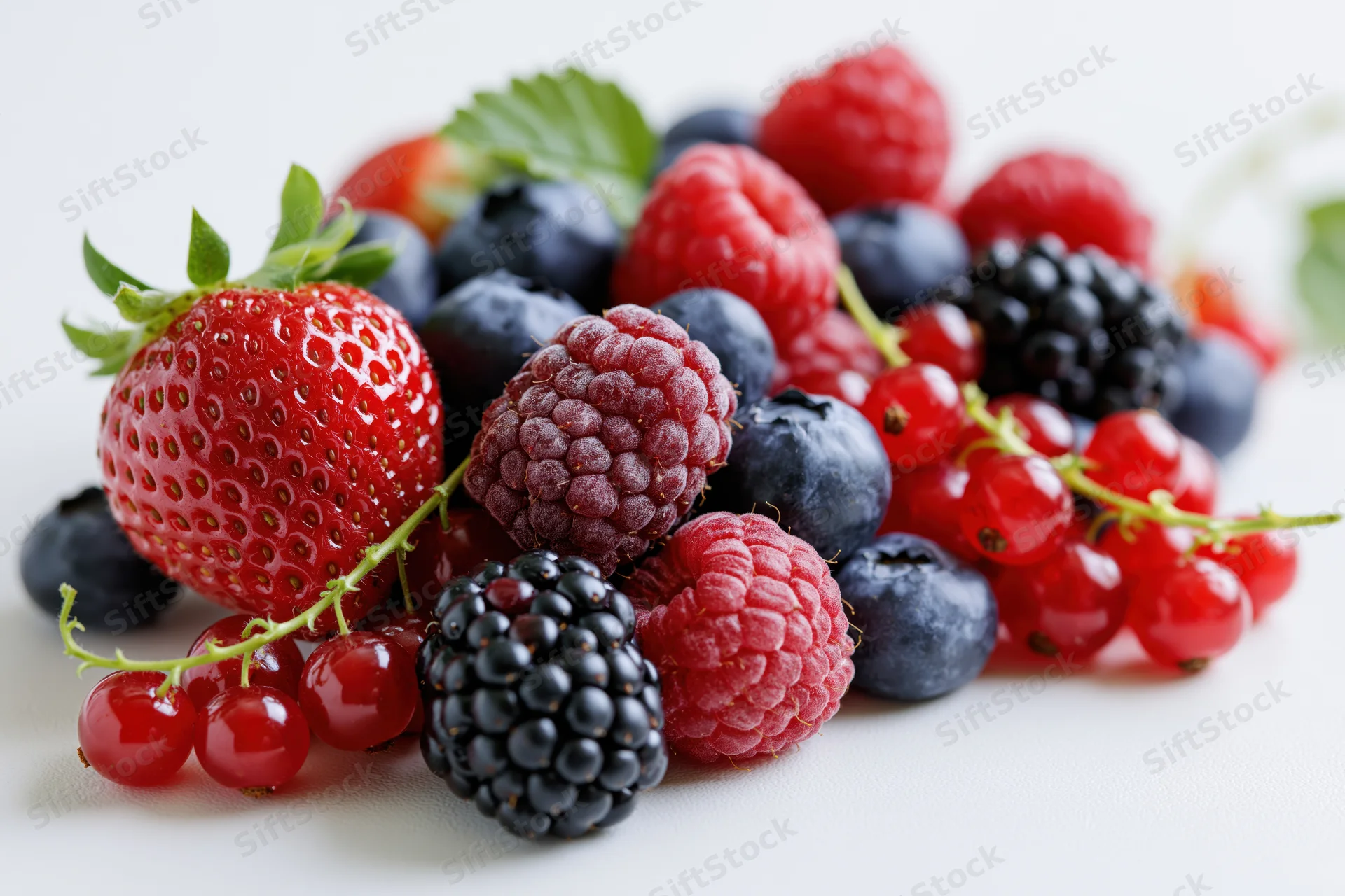A pile of fresh mixed berries including strawberry, raspberry, blueberry, blackberry and redcurrant on a white surface