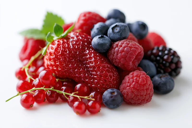 A pile of fresh mixed berries including strawberry, raspberry, blueberry, blackberry and redcurrant on a white surface
