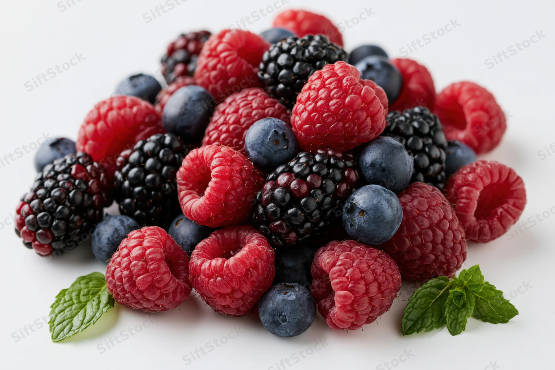 A pile of fresh mixed berries including raspberries, blackberries and blueberries on a white surface with mint leaves