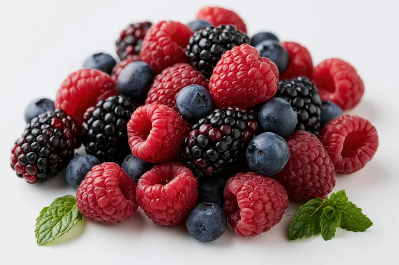A pile of fresh mixed berries including raspberries, blackberries and blueberries on a white surface with mint leaves