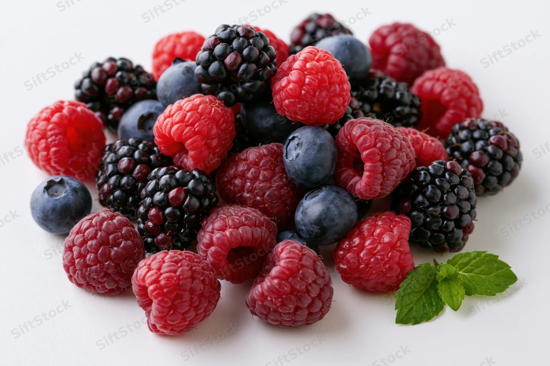 A pile of fresh raspberries, blackberries and blueberries with a mint leaf on a white surface