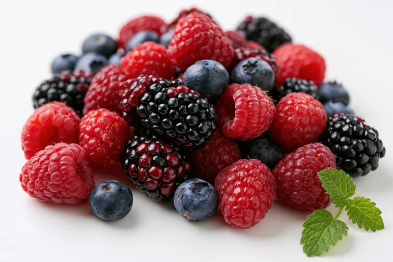 A pile of fresh mixed berries including raspberries, blackberries and blueberries on a white surface with a mint leaf