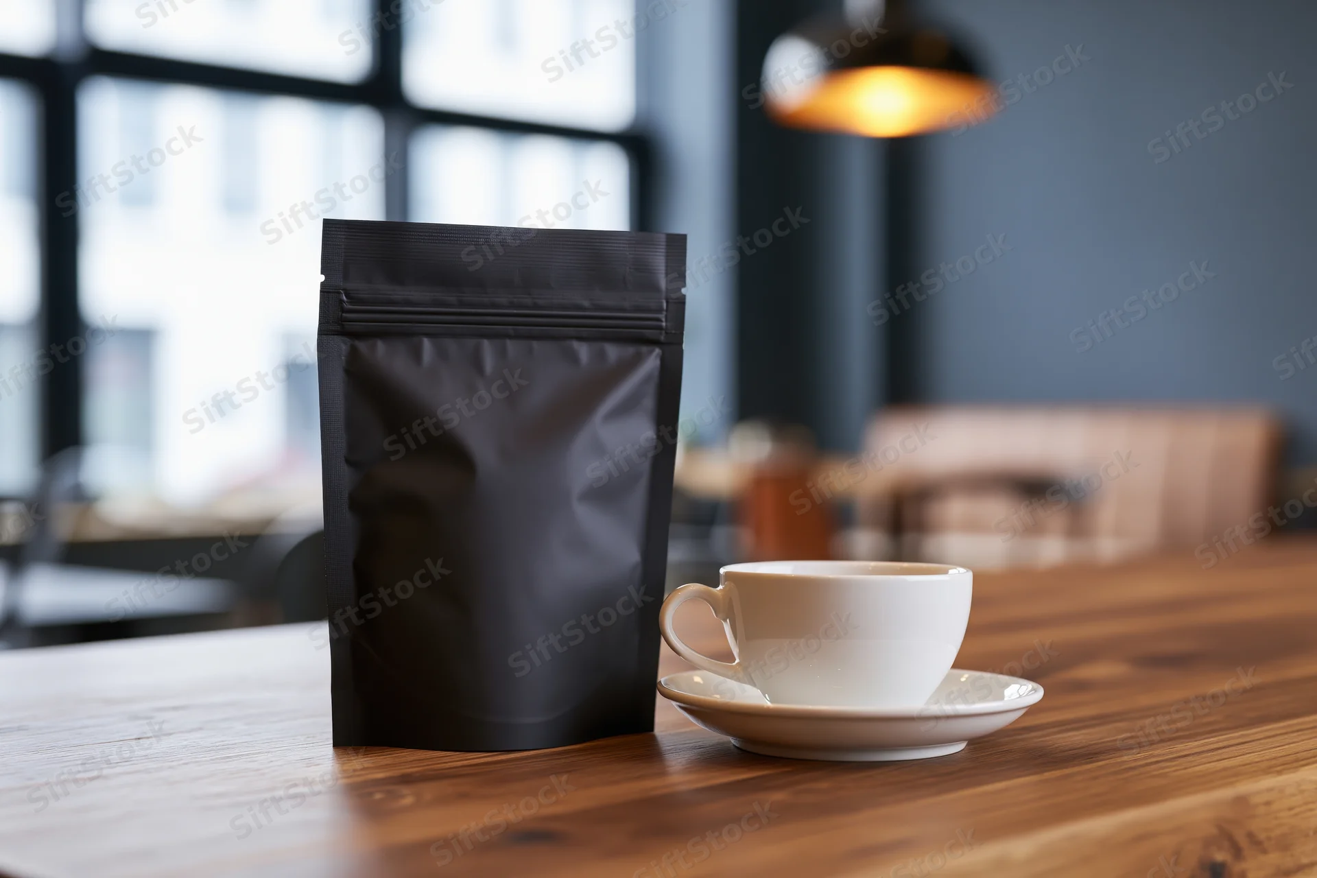 Matte black foil coffee pouch standing upright beside a white ceramic cup on a wooden table in a modern cafe interior