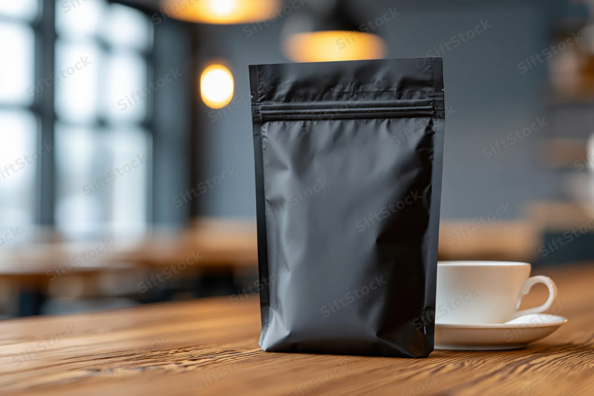 Matte black foil coffee pouch standing upright on wooden table in cafe interior