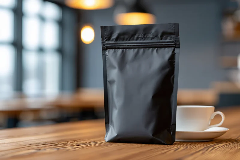 Matte black foil coffee pouch standing upright on wooden table in cafe interior