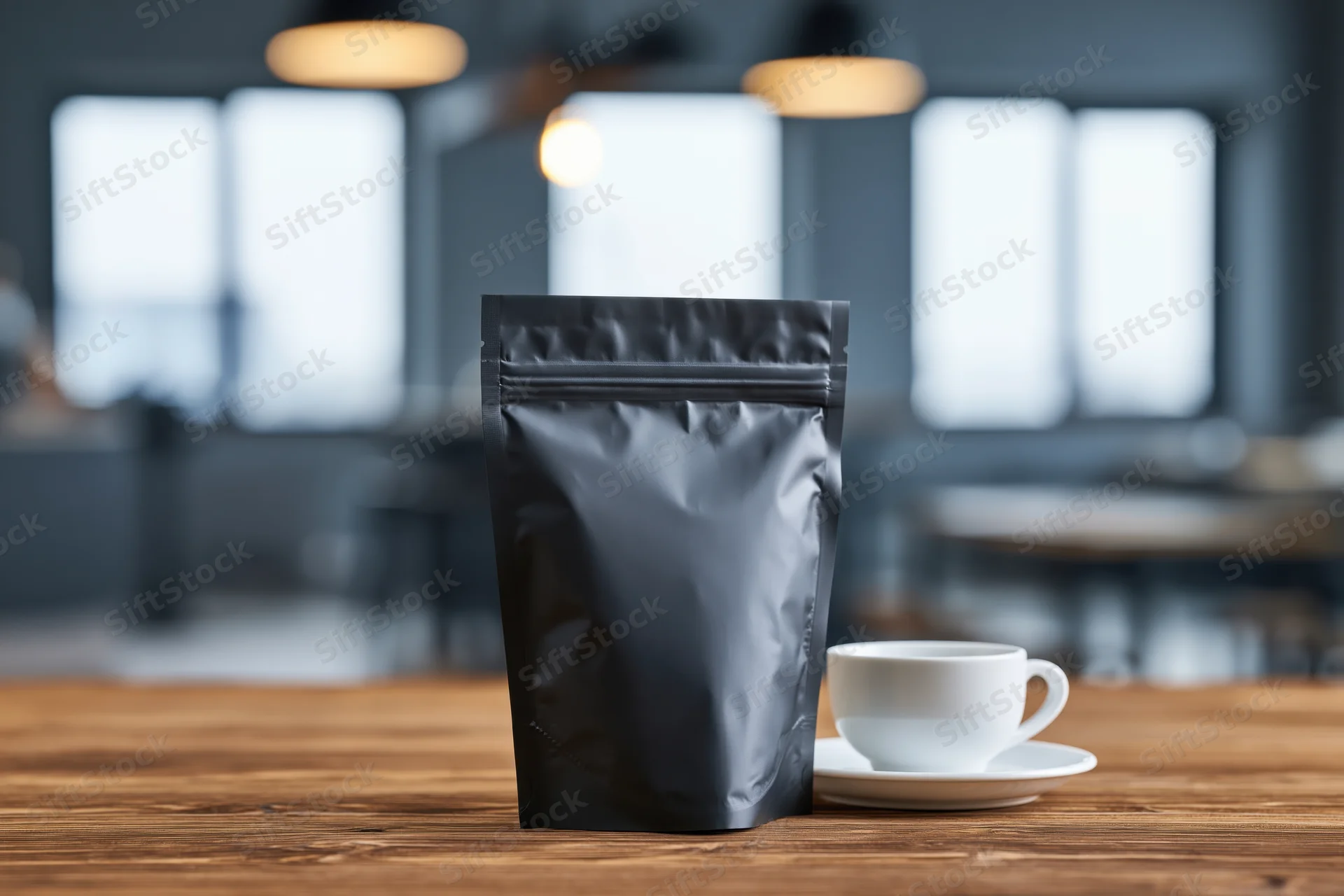 Matte black foil coffee pouch standing upright on wooden table beside white cup and saucer in modern cafe interior