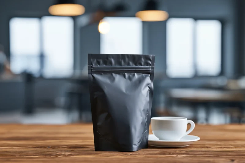 Matte black foil coffee pouch standing upright on wooden table beside white cup and saucer in modern cafe interior