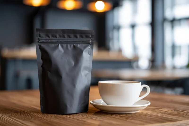 Matte black foil coffee pouch standing upright next to a white ceramic cup on a wooden table in a cafe interior