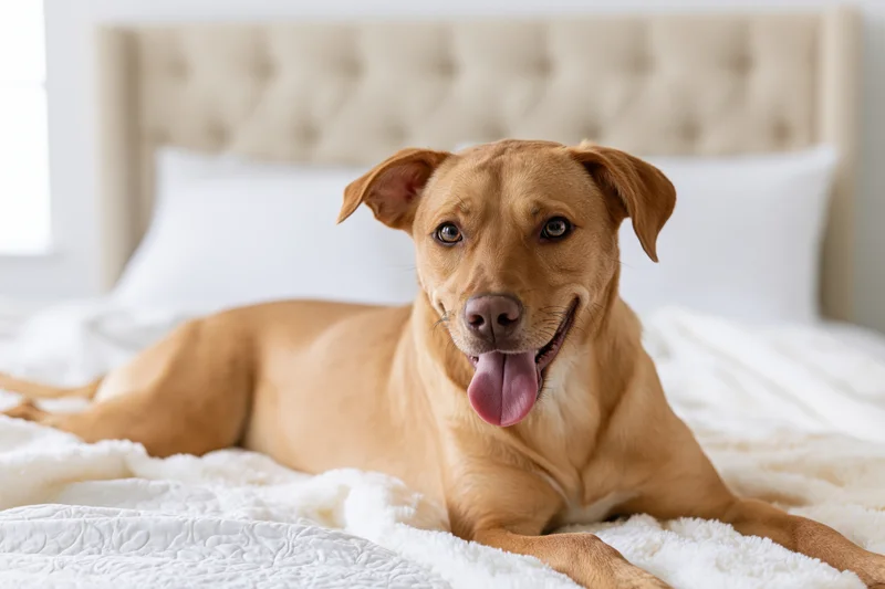 Tan mixed-breed dog lying relaxed on white bed with tongue out in bedroom