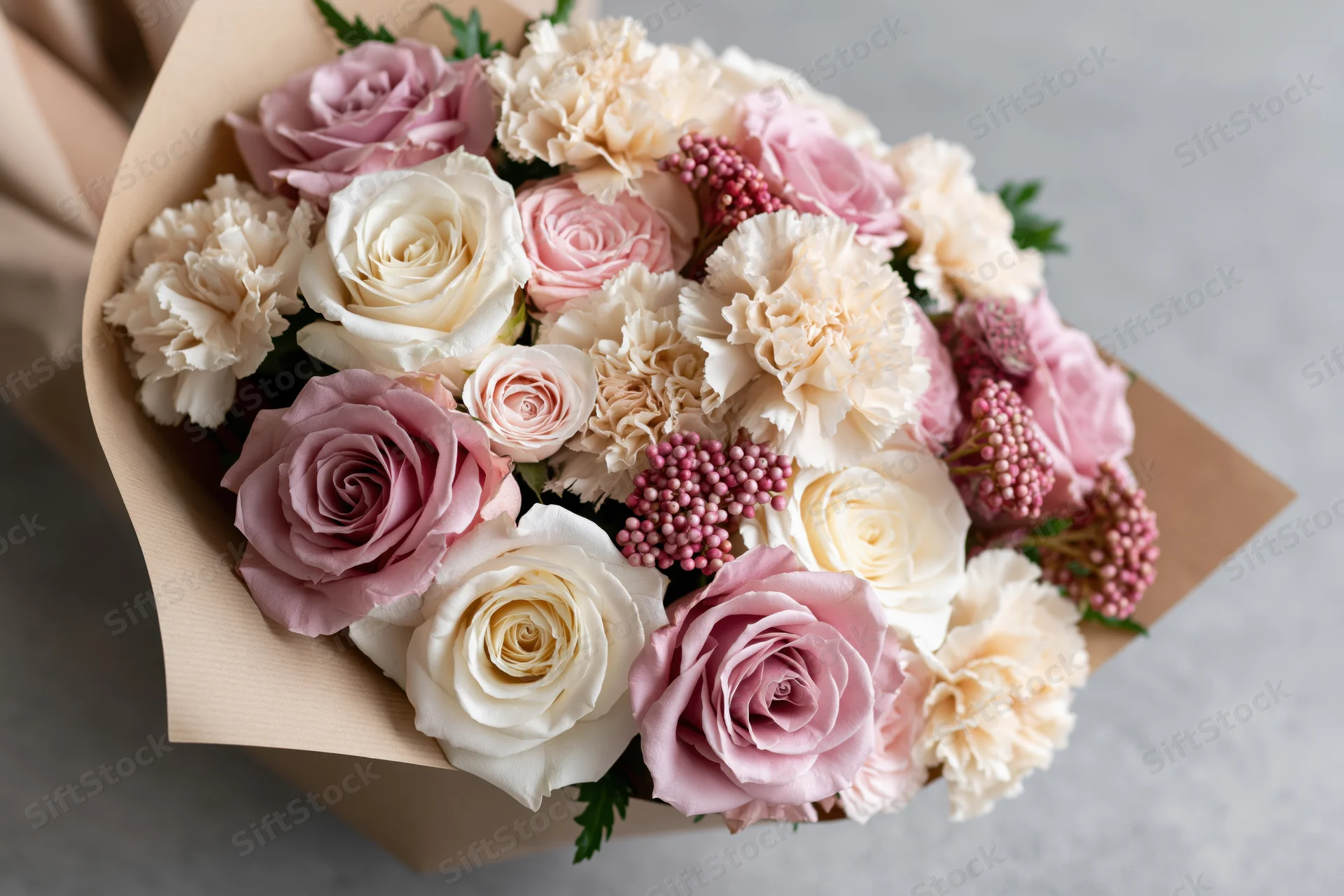 Mixed bouquet of pale pink and cream roses and carnations wrapped in paper on a flat surface