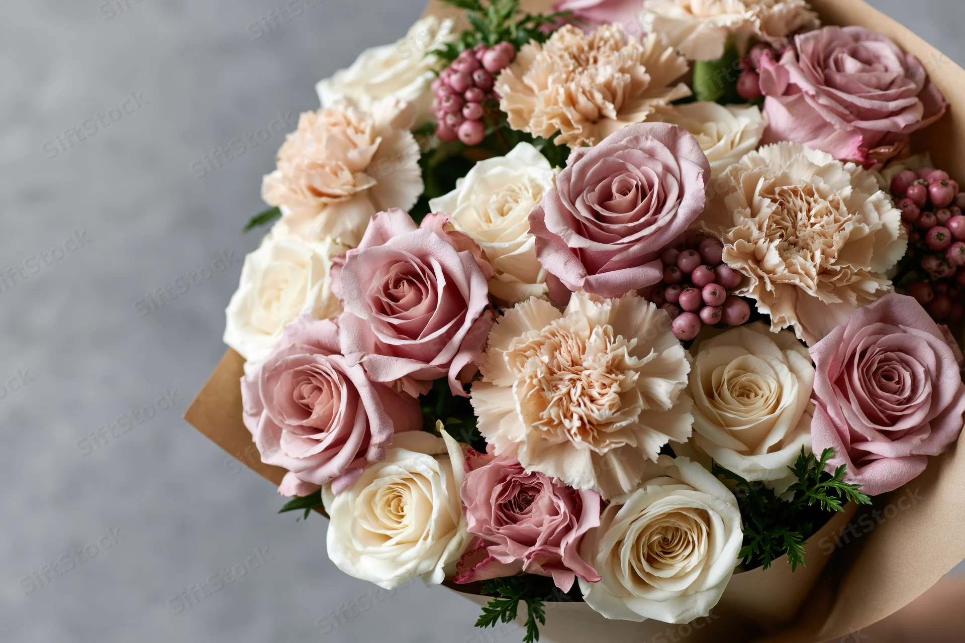 Hand holding a mixed bouquet of pale pink and cream roses and carnations wrapped in brown paper against a gray background