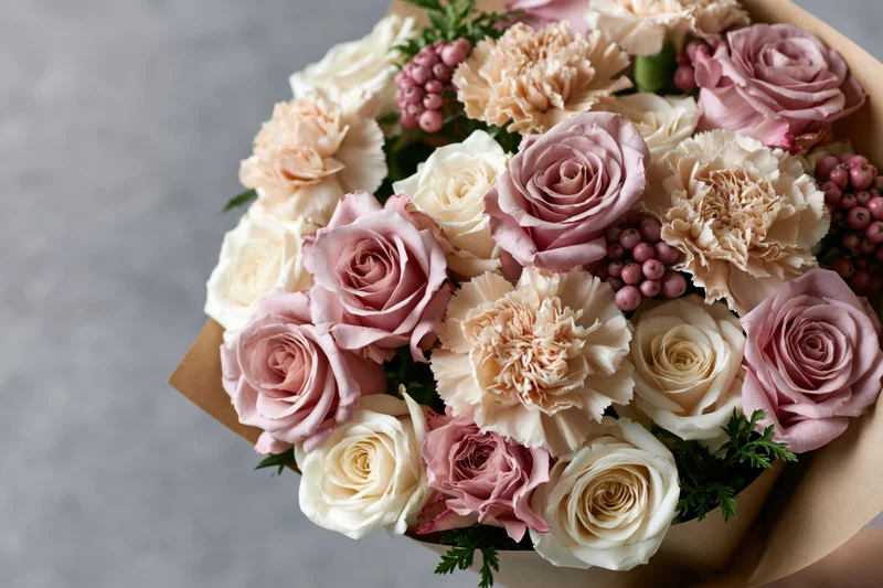 Hand holding a mixed bouquet of pale pink and cream roses and carnations wrapped in brown paper against a gray background