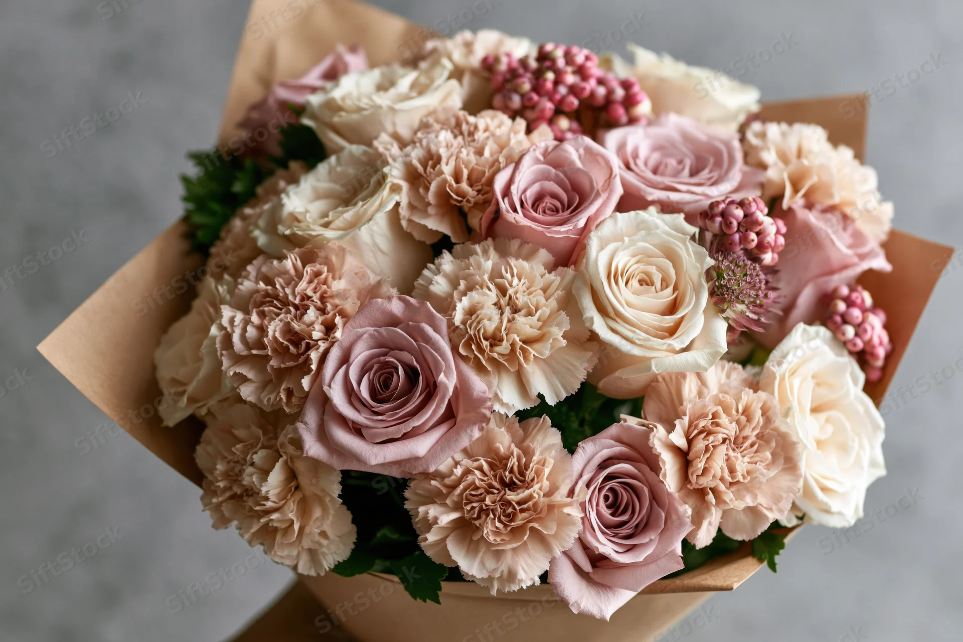 A mixed bouquet of pale pink and cream roses and carnations wrapped in kraft paper on a gray surface