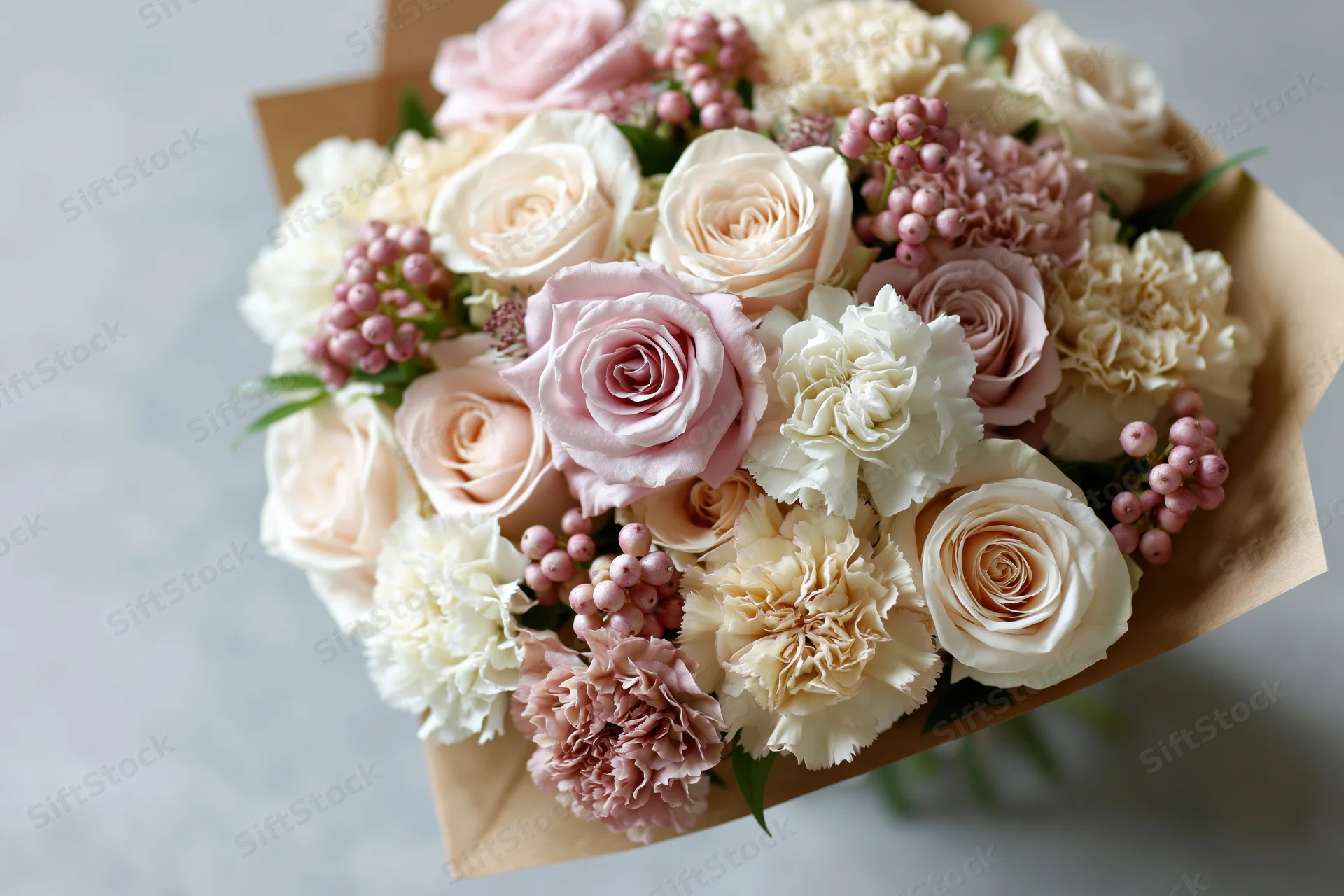 A mixed bouquet of pale pink and cream roses and carnations wrapped in kraft paper on a light surface