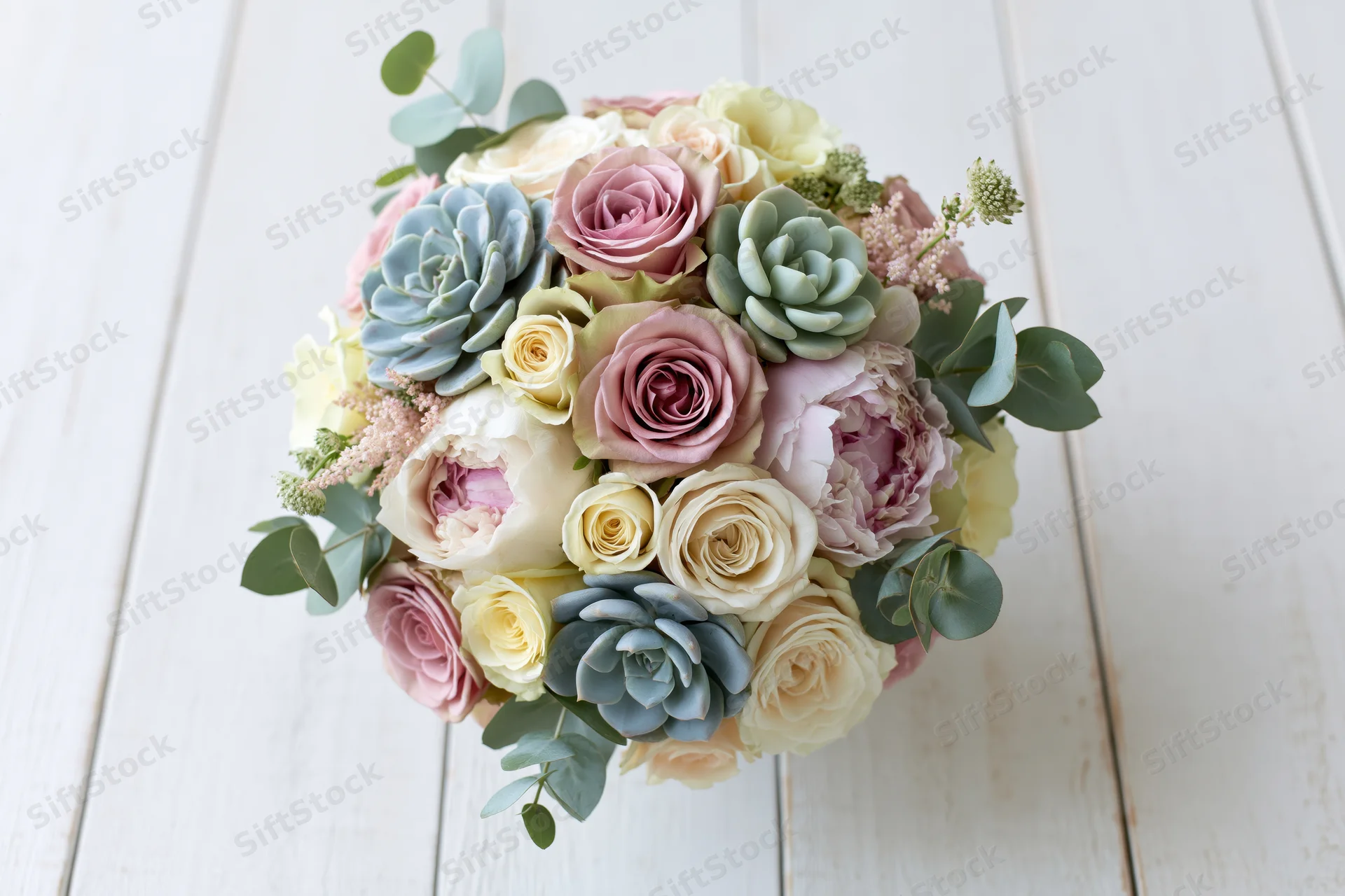 Mixed floral bouquet arranged in dome shape on white wooden surface