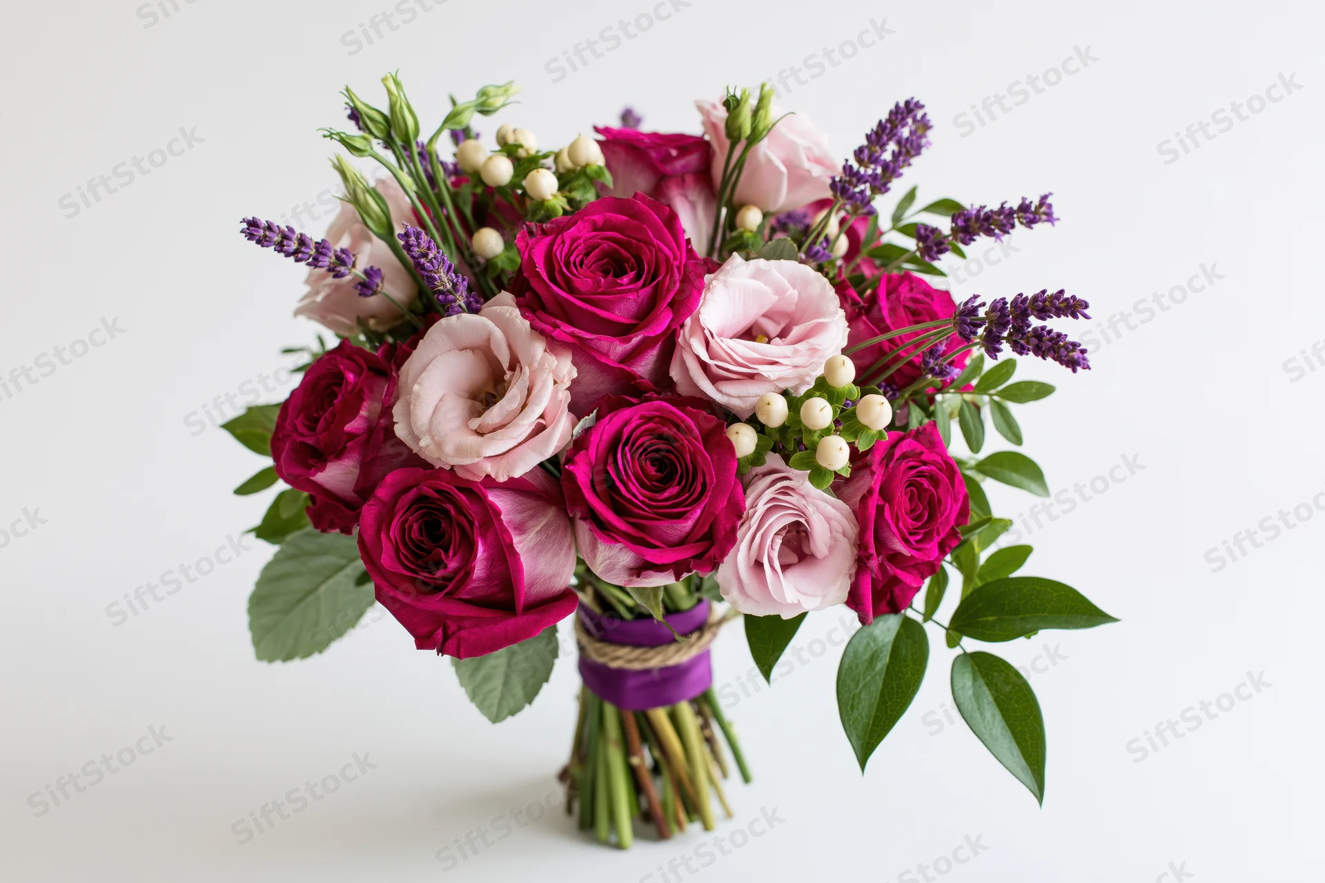 Mixed bouquet of pink and purple roses with lavender and greenery against white background