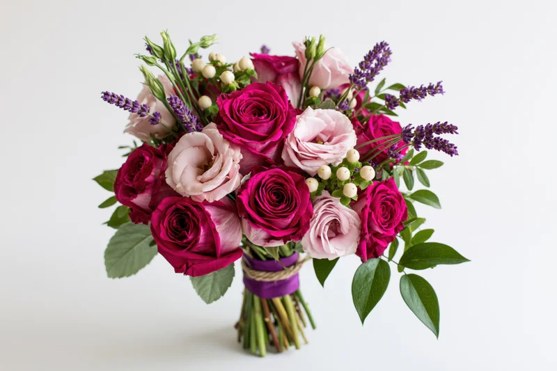 Mixed bouquet of pink and purple roses with lavender and greenery against white background