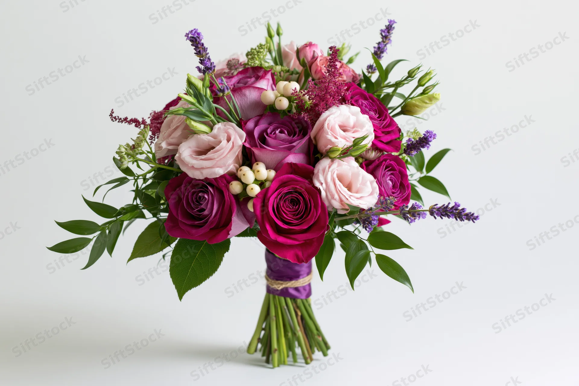 Mixed flower bouquet with roses and lavender arranged upright against white background