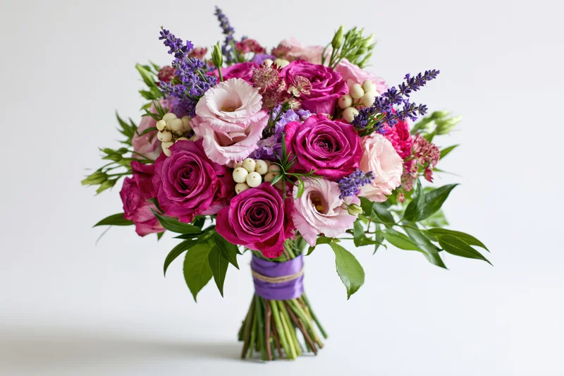 Mixed flower bouquet with roses, lavender, and greenery arranged upright against white background