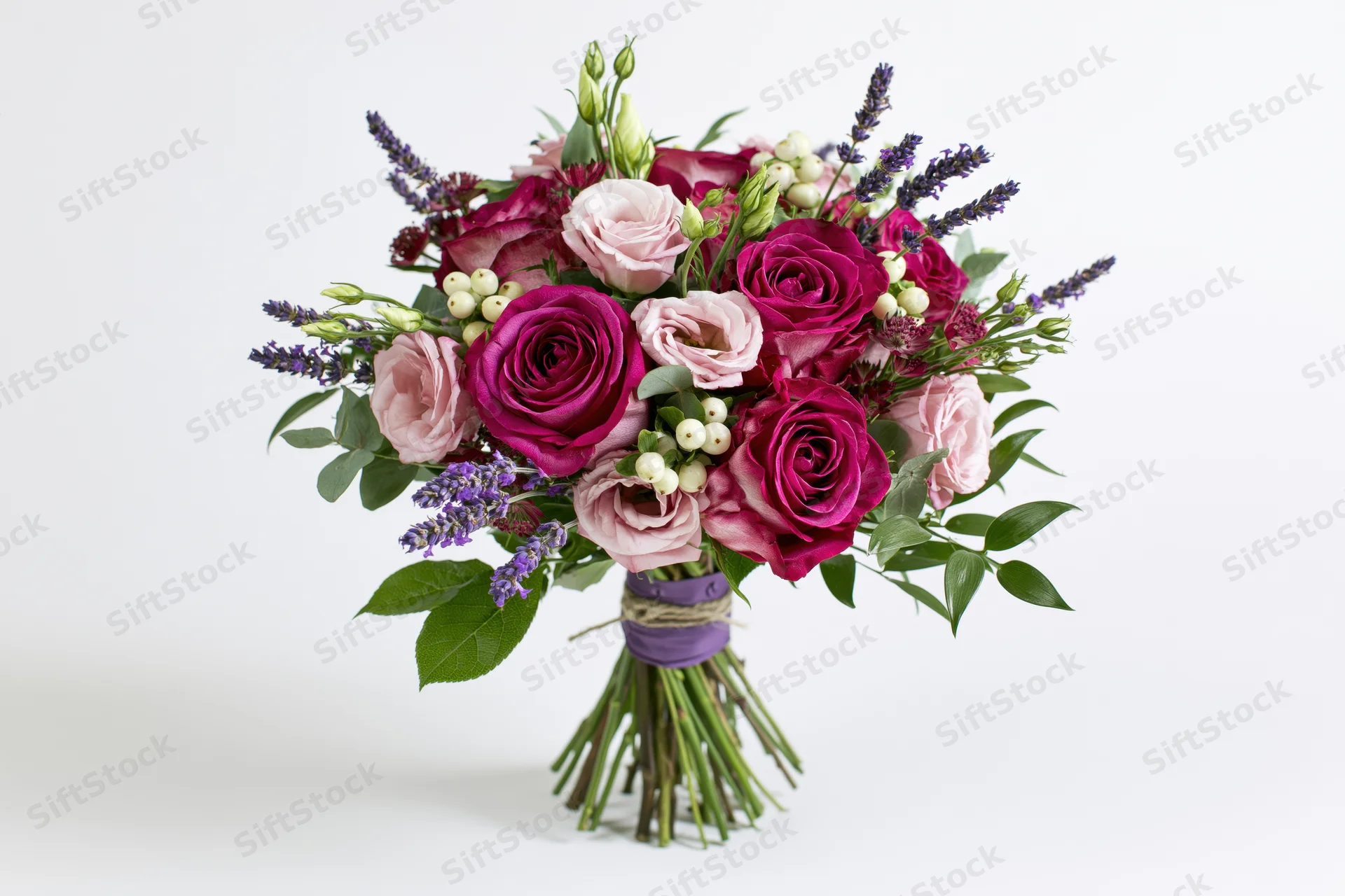 Mixed flower bouquet with pink and purple roses, lavender, and greenery tied with ribbon and twine, isolated on white background