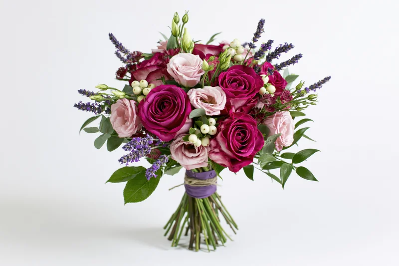 Mixed flower bouquet with pink and purple roses, lavender, and greenery tied with ribbon and twine, isolated on white background