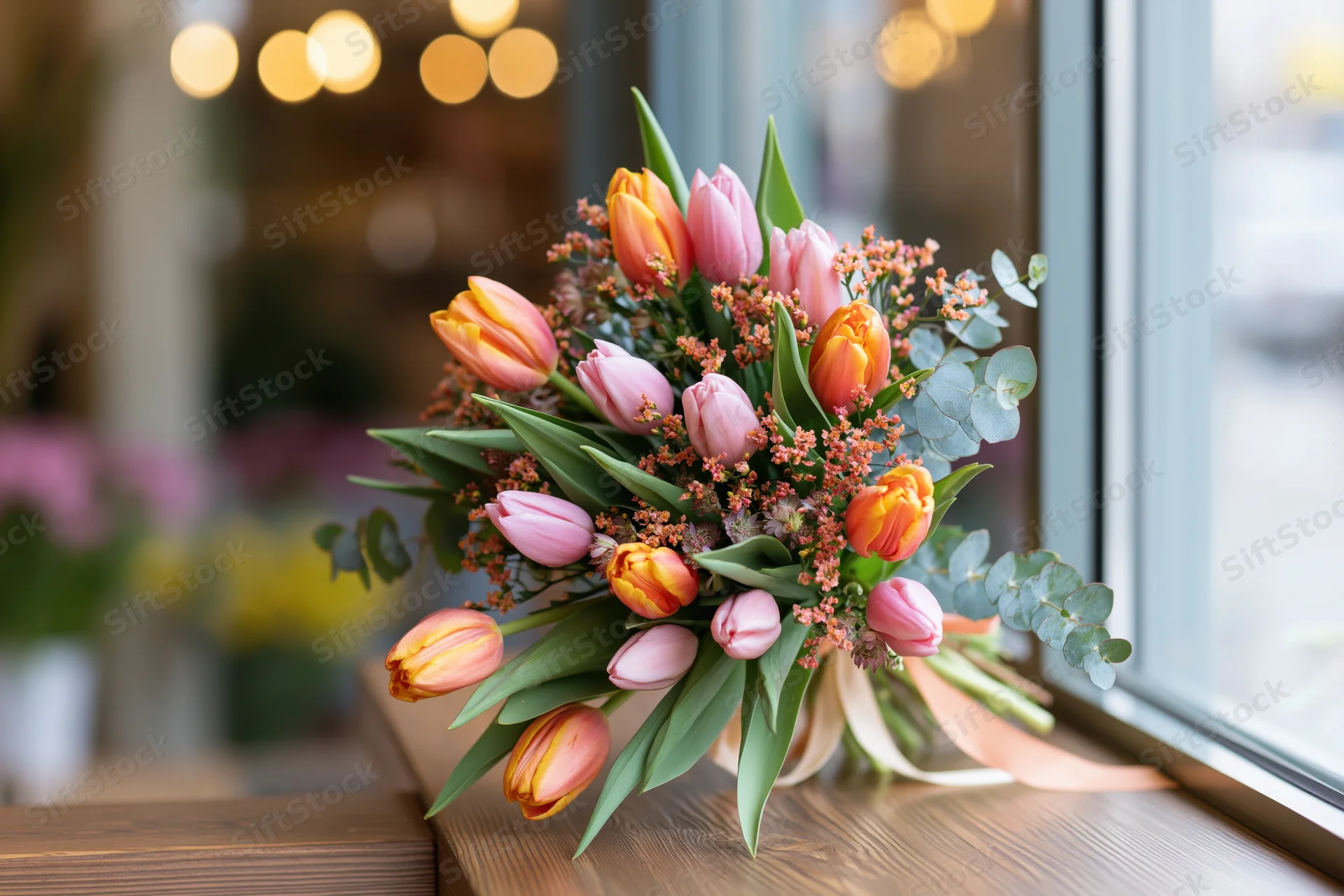 Spring bouquet of pink and orange tulips with eucalyptus greenery on wooden table by shop window