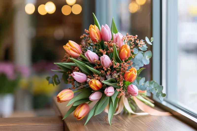 Spring bouquet of pink and orange tulips with eucalyptus greenery on wooden table by shop window