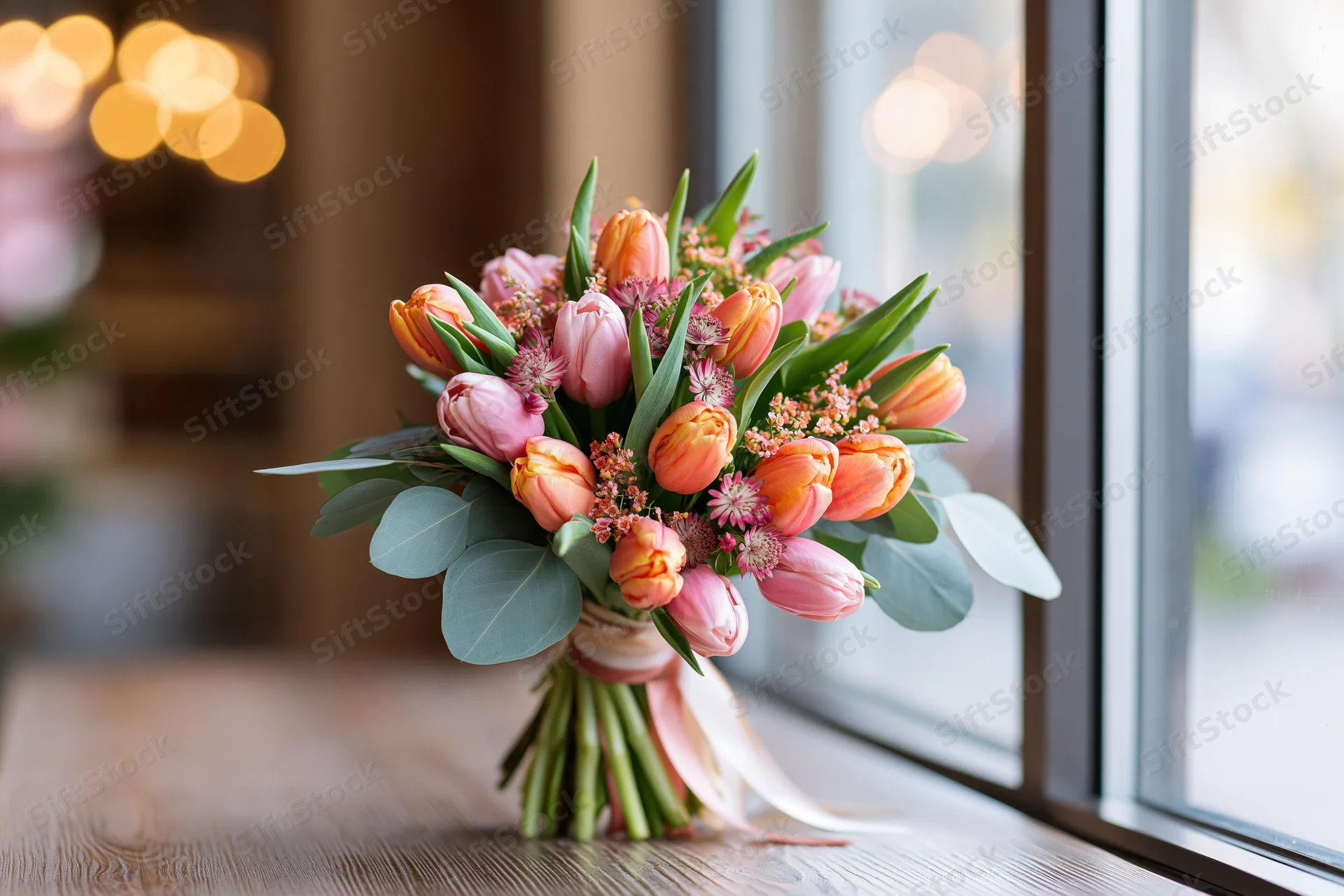 Spring bouquet of pink and orange tulips with eucalyptus on wooden table by window