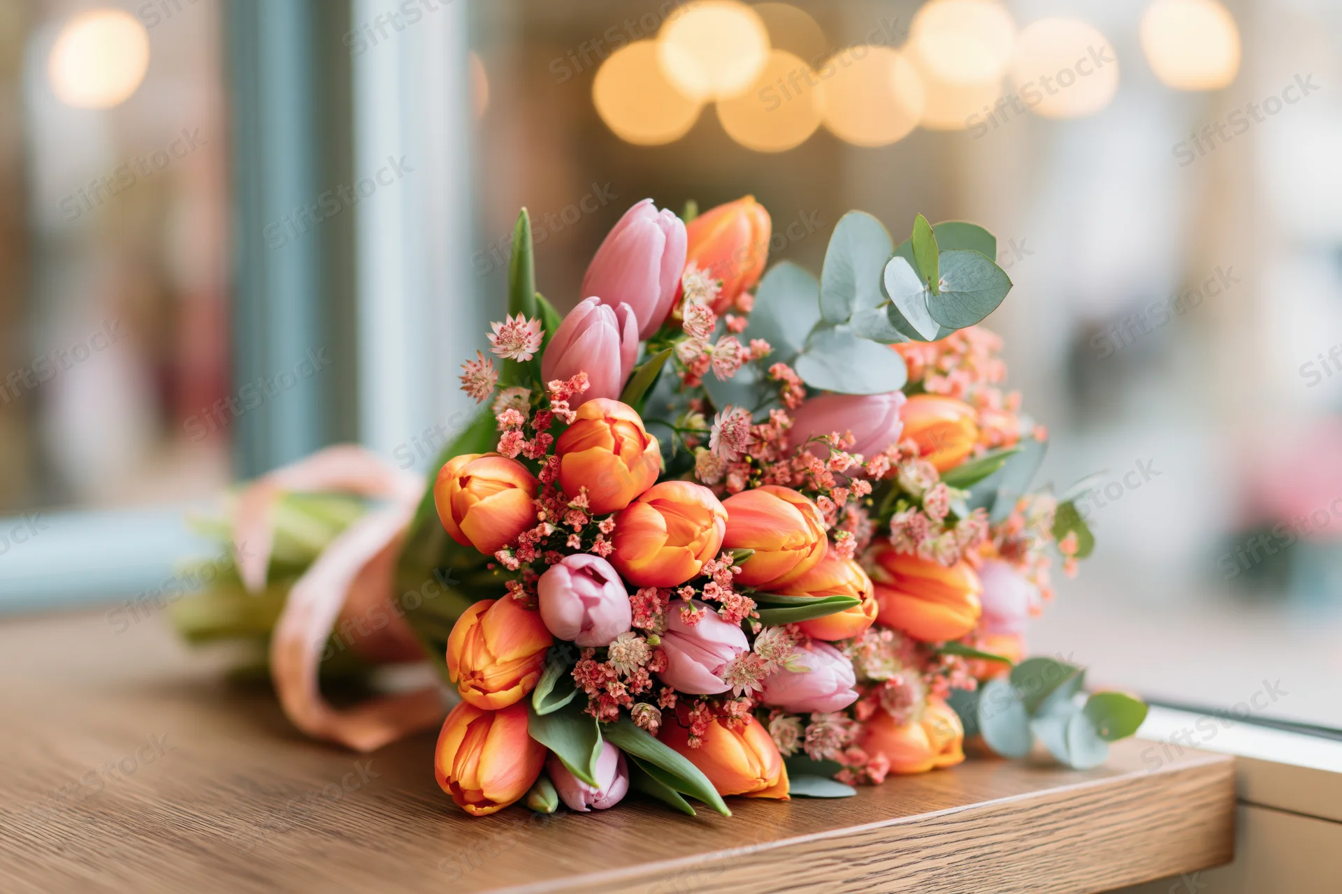 Spring bouquet of orange and pink tulips with eucalyptus and filler flowers on wooden table near window