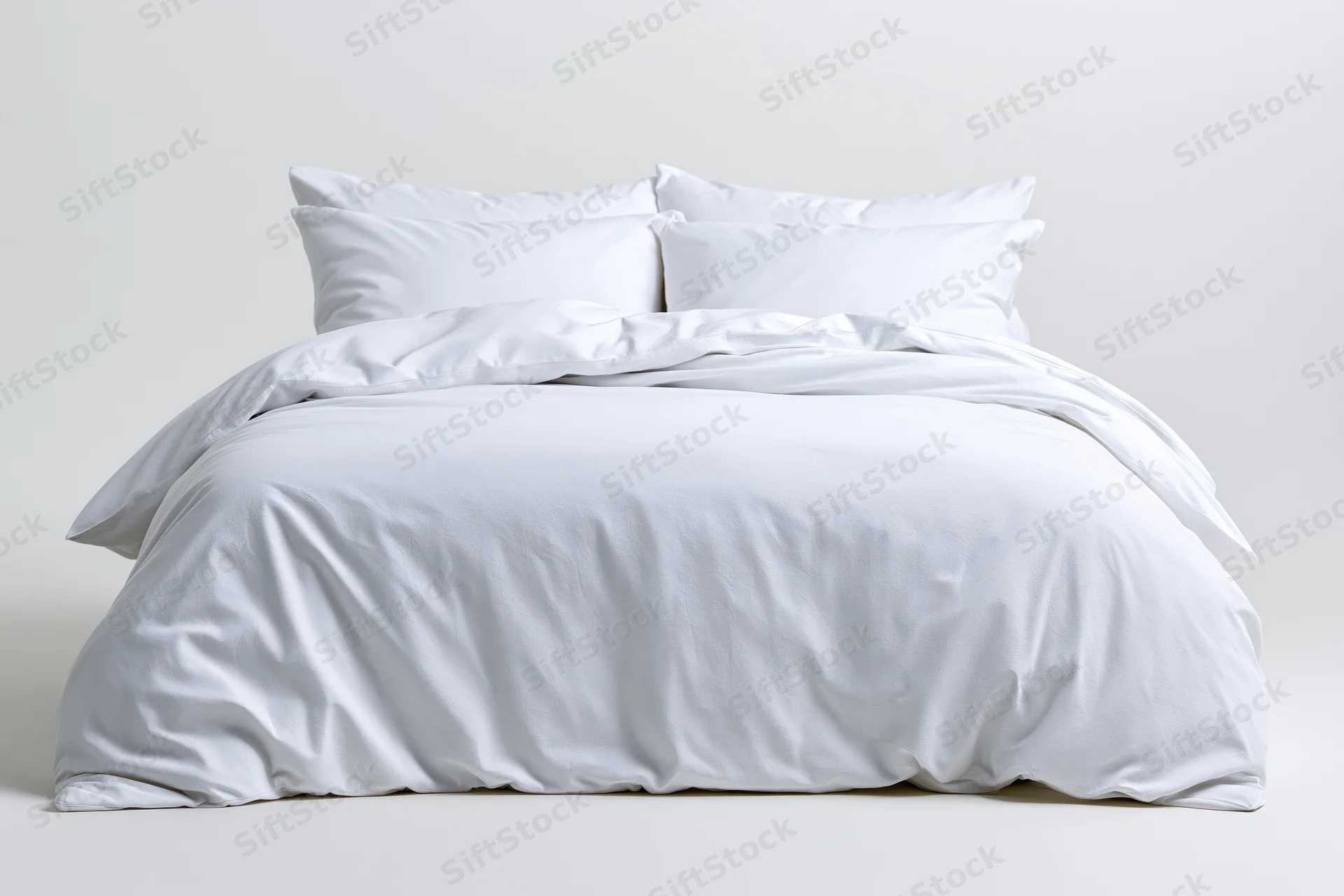 White bed with four pillows and comforter on plain background