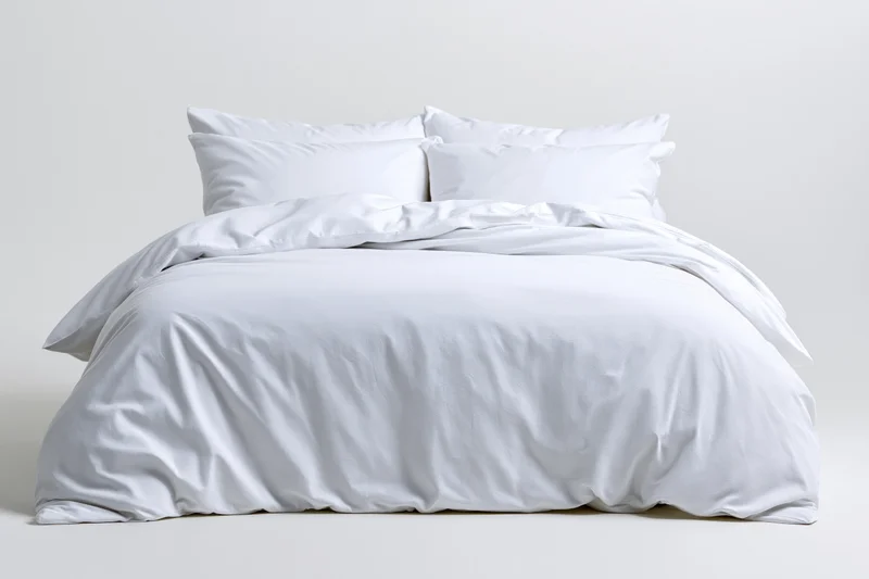 White bed with four pillows and comforter on plain background