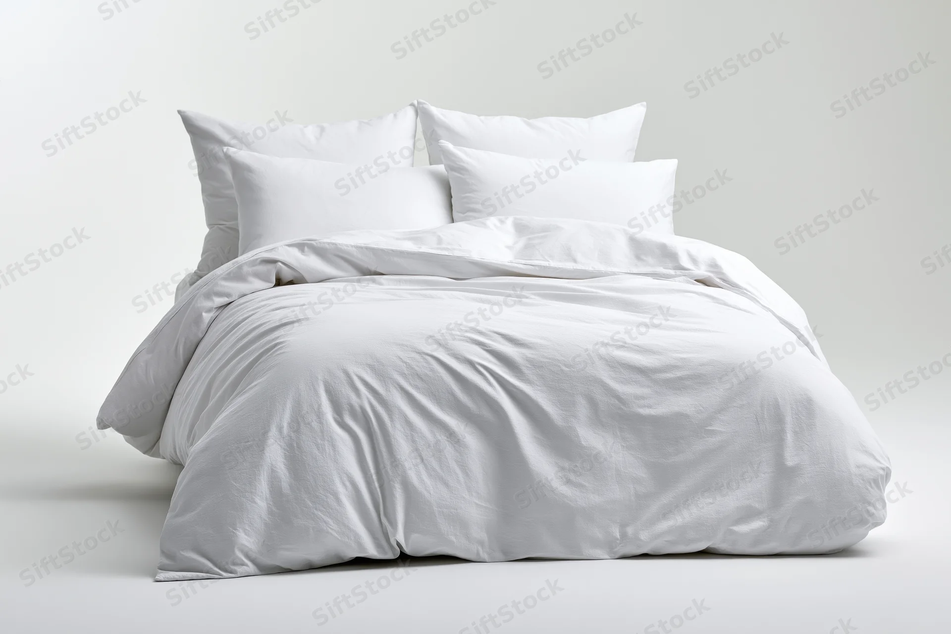 White bed with four pillows and comforter on plain background